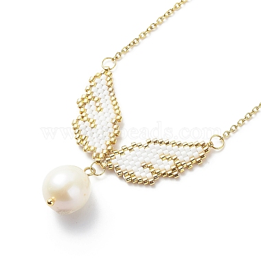 Glass Seed Wing with Natural Pearl Pendant Necklace(NJEW-MZ00008)-2