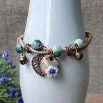 Adjustable Handmade Porcelain Flower Beads Braided Beads Bracelets, Alloy Leaf Charm Bracelets for Women, Sky Blue, 7-1/8 inch(18cm)(WGFB2A7-06)