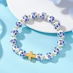 Handmade Flower Printed Porcelain Ceramic & Electroplate Non-magnetic Synthetic Hematite & Alloy Beaded Stretch Bracelets, Cross Jewelry for Women Men, Blue, Beads: 10mm, Inner Diameter: 2.17 inch(5.5cm)(BJEW-JB13532)