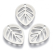 201 Stainless Steel Charms, Laser Cut, Hollow, Leaf, Stainless Steel Color, 13x10.5x0.5mm, Hole: 1.2mm(STAS-R116-025)