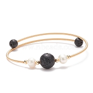 Natural Lava Rock & Pearl Round Beaded Bangle, Brass Torque Bangle for Women, Golden, Inner Diameter: 2-1/4 inch(5.6cm)(BJEW-JB08464-01)