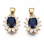Brass Micro Pave Cubic Zirconia Charms, with Brass Snap on Bails, Oval, Real 18K Gold Plated, Nickel Free, Dark Blue, 14x11.5x7mm, Hole: 5x3.5mm(KK-N227-54B-NF)