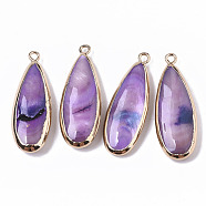 Natural Freshwater Shell Pendants, with Iron Loops, Edge Golden Plated, Dyed, Teardrop, Violet, 31~33x10.5~12x5mm, Hole: 1.8mm(SHEL-R047-03C)