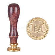 DIY Letter Scrapbook Brass Wax Seal Stamps and Wood Handle, Peace Letter Pattern, Flat Round, Light Gold, Letter.M, 89x25.5mm(AJEW-P068-B03)