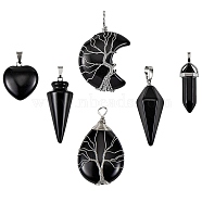 6Pcs 6 Style Natural Obsidian & Black Agate Pendants, with Platinum Tone Finding, Mixed Shapes, 22~55x15~31mm, 1pcs/style(G-SZ0001-91)