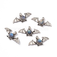 Natural Labradorite Pendants, Halloween Bat Charms, with Antique Silver Color Brass Findings, 18x37x9mm, Hole: 5x2.5mm(KK-A173-10AS)