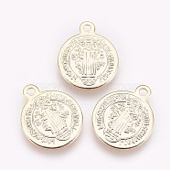 Brass Charms, Nickel Free, Flat Round with CssmlNdsmd Cross God Father Religious Christianity Pendant, Real 18K Gold Plated, 15x12.5x0.7mm, Hole: 1.4mm(KK-P157-51G-NF)