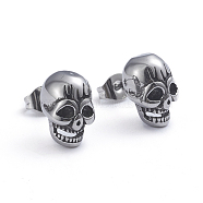 Retro 304 Stainless Steel Stud Earrings, with Ear Nuts, Skull, Antique Silver, 12x8.8mm, Pin: 0.7mm(EJEW-L248-002AS)