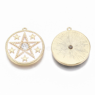 Brass Micro Pave Clear Cubic Zirconia Pendants, with Enamel, Nickel Free, Flat Round with Star, Real 18K Gold Plated, White, 21x19.5x2.5mm, Hole: 1mm(KK-R126-30D-NF)