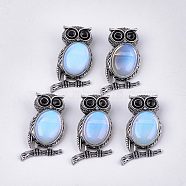 Opalite Brooches/Pendants, with Rhinestone and Alloy Findings, Owl, Antique Silver, 51x28~29x15~16.5mm, Hole: 4.5x8.5mm, Pin: 0.5mm(G-S353-05G)