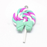 Handmade Polymer Clay Pendants, Lollipop with Bowknot, Aquamarine, 40~53x27~30x7~9mm, Hole: 2mm(CLAY-Q240-012D)