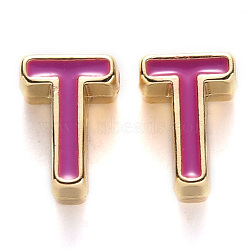 Rack Plating Alloy Enamel Beads, Cadmium Free & Nickel Free & Lead Free, Light Gold, Medium Violet Red, Letter.T, T: 10x7x5mm, Hole: 1.6mm(X-ENAM-S122-033T-NR)