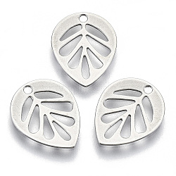 Non-Tarnish 201 Stainless Steel Charms, Laser Cut, Hollow, Leaf, Stainless Steel Color, 13x10.5x0.5mm, Hole: 1.2mm(STAS-R116-025)