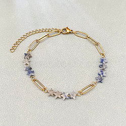 Natural Blue Spot Jasper Star Beaded Bracelets with 304 Stainless Steel Paperclip Chains, Golden, 6.30 inch(16cm)(WGC91F5-01)