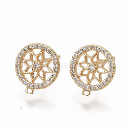 Brass Micro Pave Clear Cubic Zirconia Stud Earring Findings, with Loop, Nickel Free, Real 18K Gold Plated, Flat Round, 12x10.5mm, Hole: 0.8mm, Pin: 0.9mm(X-KK-T051-49G-NF)
