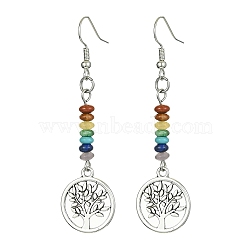 Alloy Tree of Life Dangle Earrings, Synthetic & Natural Mixed Gemstone Beaded Long Drop Earrings for Women, Leaf, 63x16.5mm(EJEW-JE05462-02)