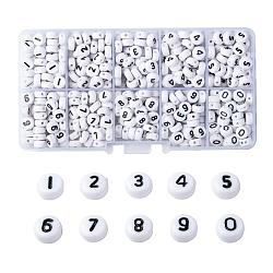 Acrylic Beads , Flat Round with Number 0~9, Black & White, White, 7x4mm, Hole: 1.3mm, 10 numbers, about 72pcs/number, 720pcs/box(SACR-X0015-13)