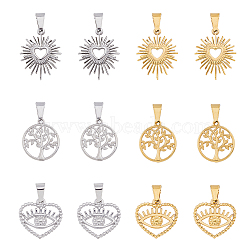 12Pcs 6 Style Vacuum Plating 304 Stainless Steel Pendants, Hollow Heart & Flat Round with Tree of Life Charms, Mixed Color, 17.5~22.5x16~18.5x1.5~2mm, Hole: 3.5~4x6~6.5mm, 2pcs/style(STAS-DC0014-29)