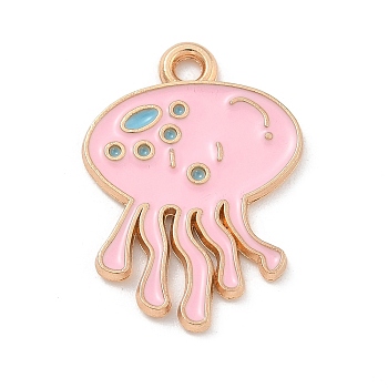 Alloy Enamel Pendants, Light Gold, Cadmium Free & Lead Free, Jellyfish Charm, Pearl Pink, 22x16x1mm, Hole: 1.5mm