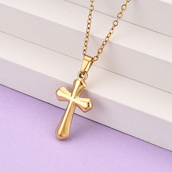 304 Stainless Steel Pendant Necklaces, Religion Cross, Ion Plating(IP), Real 18K Gold Plated, 17.72~18.11 inch(45~46cm)