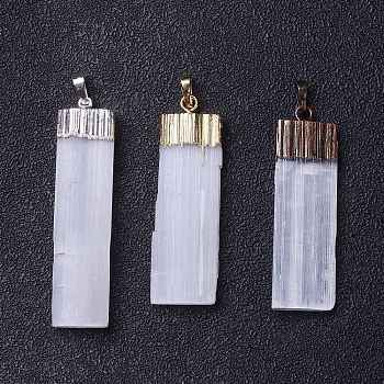 Natural Selenite Big Pendants, Rectangle Charms, with Rack Plating Brass Findings, Mixed Color, 52~61x14~19x5~7mm, Hole: 8x5mm