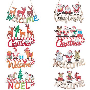 8Pcs 8 Style Christmas Decorative Wooden Door Sign, Wood Big Pendants for Door, Hanging Ornament, Mixed Shape, Mixed Color, 61~76.5x99~109.5x3.5~5mm, Hole: 2~2.5mm, 1pc/style