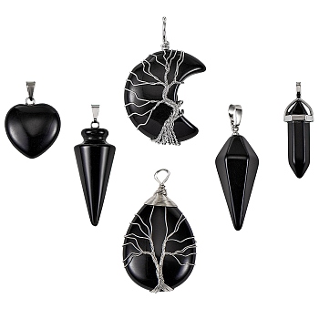 6Pcs 6 Style Natural Obsidian & Black Agate Pendants, with Platinum Tone Finding, Mixed Shapes, 22~55x15~31mm, 1pcs/style