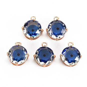 Transparent Glass Pendants, with Brass Prong Settings, Faceted, Flat Round with Eye, Light Gold, Blue, 17x14x7.5mm, Hole: 2mm