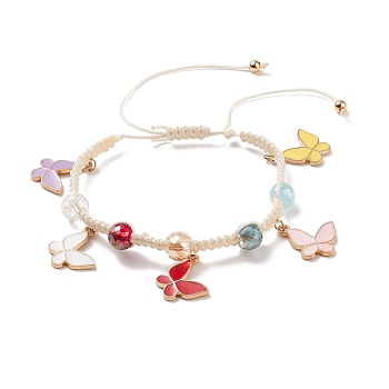 Round Glass Braided Bead Bracelet with Alloy Enamel Butterfly Charm for Women, Colorful, Inner Diameter: 1-3/4~3-7/8 inch(4.6~9.85cm)