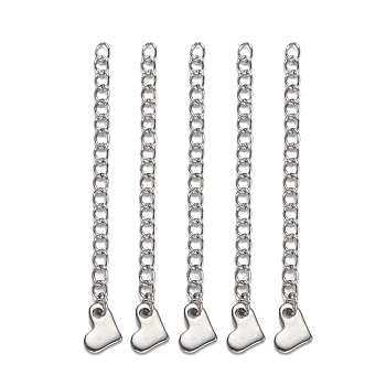 304 Stainless Steel Chain Extender, with Heart Charms, Stainless Steel Color, 58x3mm