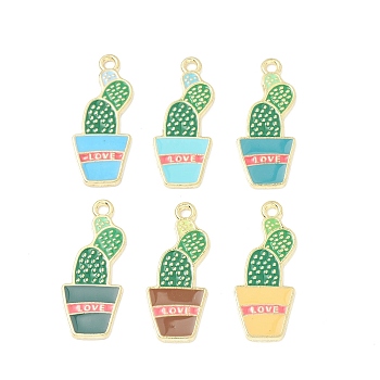 Alloy Enamel Pendants, Cactus with Word Love Charm, Golden, Mixed Color, 27x11x1.3mm, Hole: 1.8mm