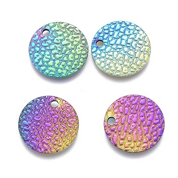 Ion Plating(IP) 304 Stainless Steel Charms, Textured, Laser Cut, Flat Round, Rainbow Color, 12x1mm, Hole: 1mm