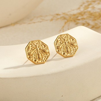 304 Stainless Steel Stud Earrings, Golden, Insects, Octagon, 20x20mm