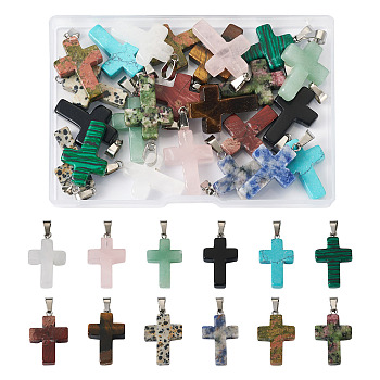24Pcs 12 Styles Natural & Synthetic Mixed Gemstone Pendants, with Stainless Steel Color Tone Stainless Steel Findings, Religion Cross Charm, Mixed Dyed and Undyed, 29~30x18~19x5~6mm, Hole: 6x4mm, 12 style, 2pcs/style 