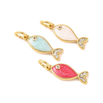 Rack Plating Brass Micro Pave Cubic Zirconia Pendants, with Enamel, Long-Lasting Plated, Fish, with Jump Ring, Real 18K Gold Plated, Mixed Color, 15.5x5.5x2mm