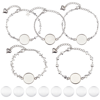 10Pcs 5 Style 304 Stainless Steel Photo Bracelet Making, with Lobster Claw Clasps, Chains and Flat Round Cabochon Settings, Mixed Shapes, with 10Pcs Transparent Glass Cabochons, Stainless Steel Color, Tray: 16mm, 5-7/8~6-1/4 inch(14.8~15.8cm), 2pcs/style