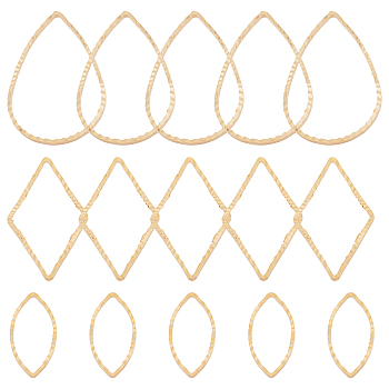 60Pcs 3 Style Brass Linking Rings, Textured, Long-Lasting Plated, Teardrop & Rhombus & Horse Eye, Real 24K Gold Plated, 16~25x8~17x1mm, Inner Diameter: 14~25.5x6~23mm, 20pcs/style