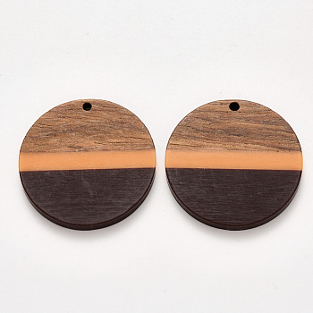 Resin & Walnut Wood Pendants, Waxed, Flat Round, Coconut Brown, 32.5x3~4mm, Hole: 2mm