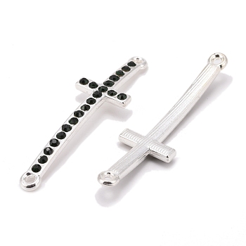 Alloy Links connectors, Mardi Gras Charms, Cadmium Free & Lead Free, with Rhinestones, Sideways Cross, Silver Color Plated, Dark Green, Size: about 14mm wide, 49mm long, 3mm thick, hole: 2mm