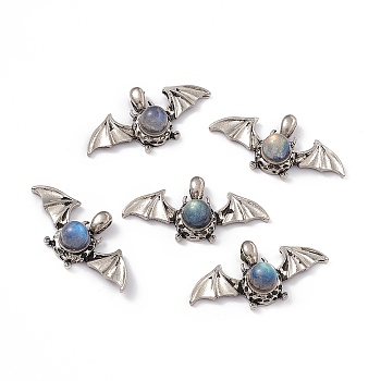 Natural Labradorite Pendants, Halloween Bat Charms, with Antique Silver Color Brass Findings, 18x37x9mm, Hole: 5x2.5mm