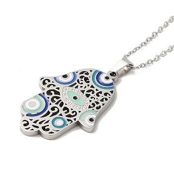304 Stainless Steel Enamel Pendant Necklaces, Hamsa Hand with Evil Eye, Stainless Steel Color, 16.02 inch(40.7cm)