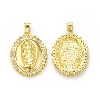 Rack Plating Brass Micro Pave Clear Cubic Zirconia Pendants, Cadmium Free & Lead Free, Long-Lasting Plated, Oval with Religion Virgin Mary Charm, Real 18K Gold Plated, 27.5x20x3.5mm, Hole: 4x3.5mm