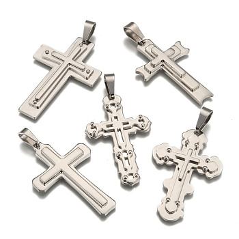 304 Stainless Steel Big Pendants, with 201 Stainless Steel Clasp, Cross, Stainless Steel Color, 69~73x34~44x6~8mm, Hole: 15x9mm