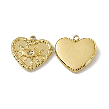 Vacuum Plating 201 Stainless Steel Pendants, with Rhinestone, Heart with Eye Charm, Real 18K Gold Plated, 15x15.5x2.5mm, Hole: 1.2mm