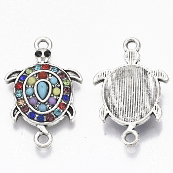 Alloy Links, with Colorful Resin and Rhinestone, Sea Turtle, Antique Silver, 25.5x16.5x4mm, Hole: 1.8mm