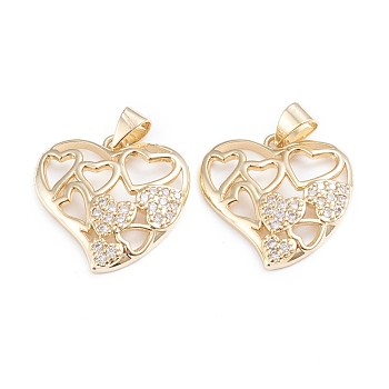 Brass Micro Pave Cubic Zirconia Pendants, Long-Lasting Plated, Hearts inside Heart, Clear, Real 18K Gold Plated, 19.5x19.5x3.5mm, Hole: 4x3.5mm