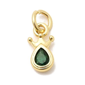Brass Cubic Zirconia Charms, Cadmium Free & Lead Free, Real 18K Gold Plated, Long-Lasting Plated, Teardrop with Crown, Green, 10.5x5.5x2.5mm, Hole: 3mm