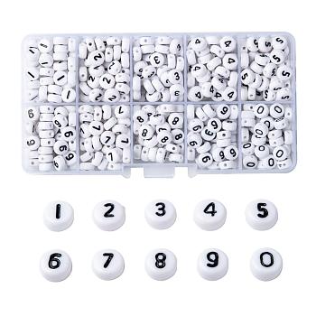 Acrylic Beads , Flat Round with Number 0~9, Black & White, White, 7x4mm, Hole: 1.3mm, 10 numbers, about 72pcs/number, 720pcs/box