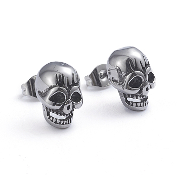 Retro 304 Stainless Steel Stud Earrings, with Ear Nuts, Skull, Antique Silver, 12x8.8mm, Pin: 0.7mm