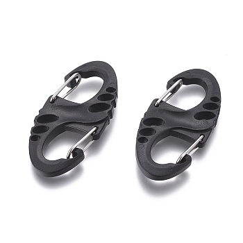 Plastic Double Carabiner Clips Dual Spring Wire Gate Snap Hooks, Keychain Buckle Tool, Black, 49.5x23.5x7.5mm, hole: 1~3x2~6.5mm.